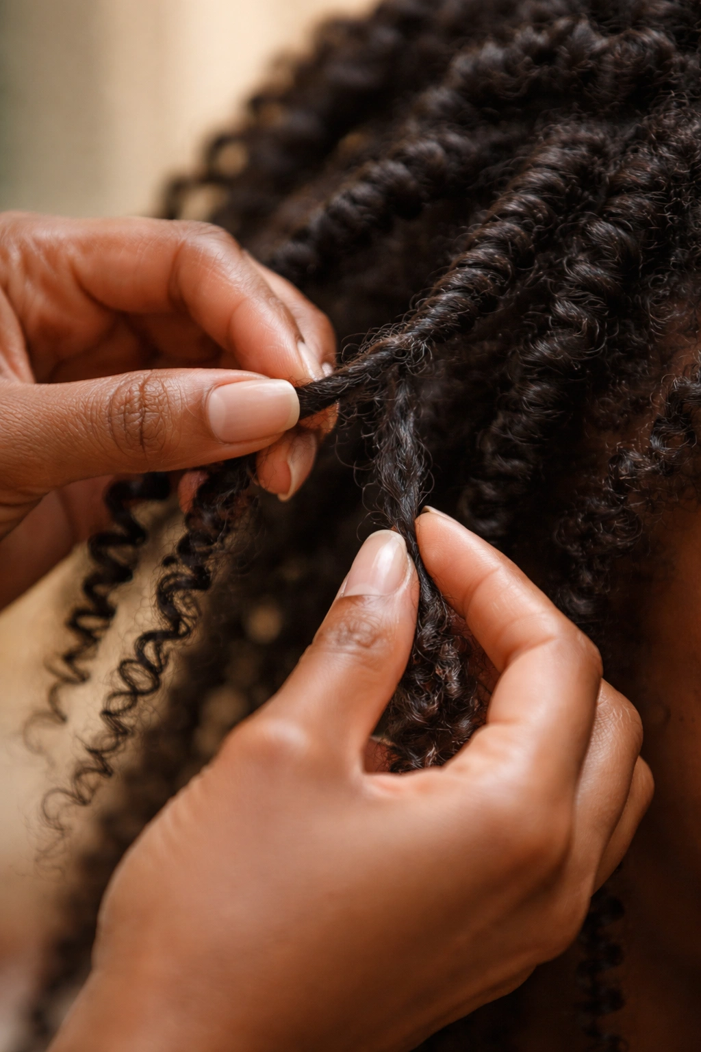 Close-up of hands unraveling natural hair twists with minimal friction