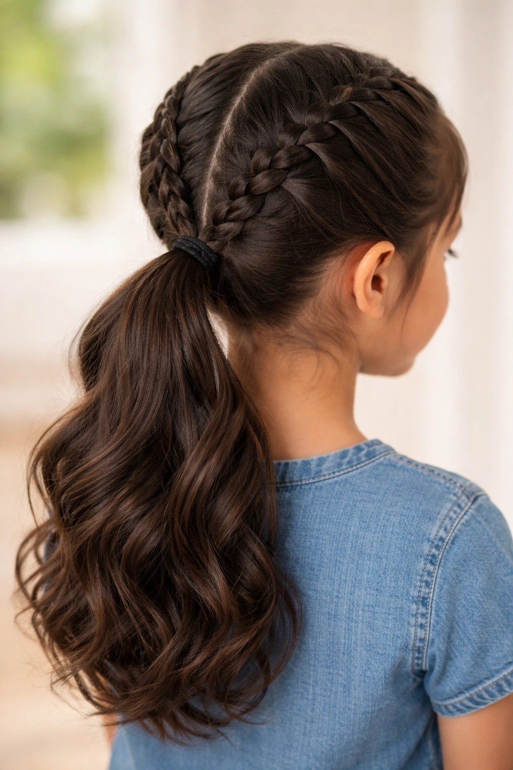 Close-up of two braids pulled into a single ponytail at the back.