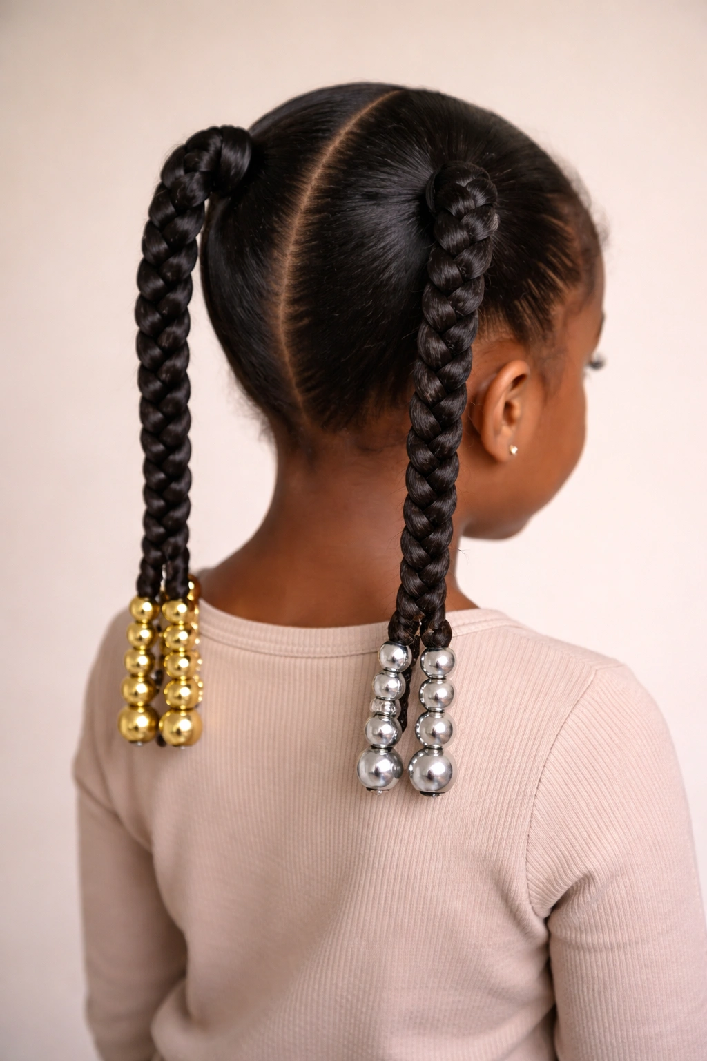 Two symmetric braids from a single ponytail with coordinating beads on each braid