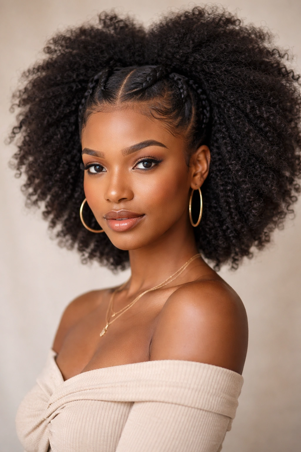 Close-up of two thick braids fading into a voluminous afro.
