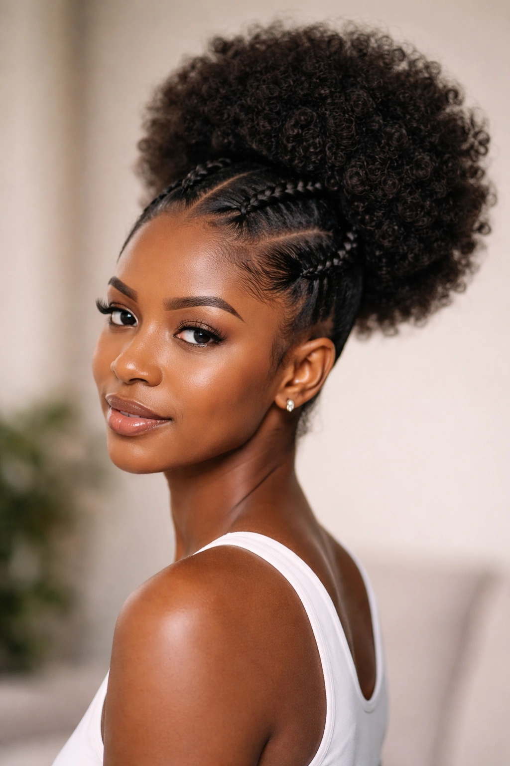 Two symmetrical braids framing a high puff hairstyle on a neutral background.