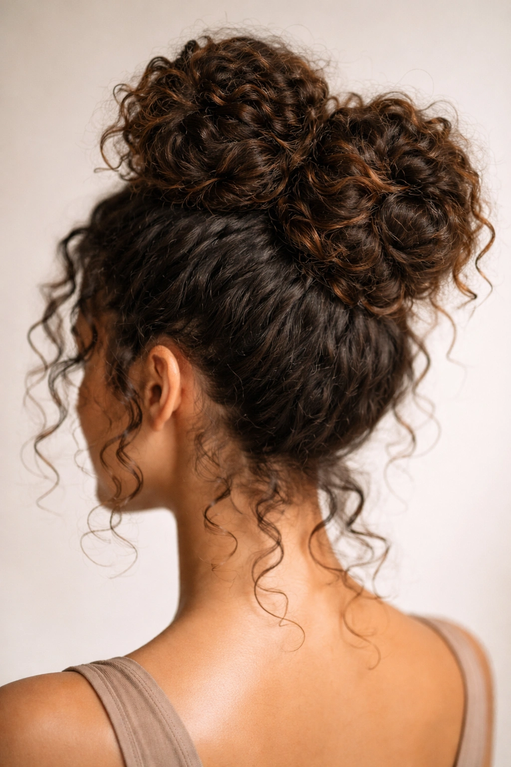 Top-down view of two high buns with textured curls