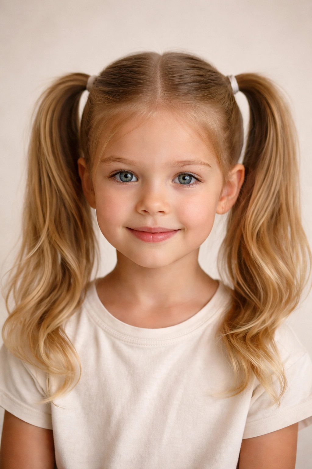 Two symmetrical ponytails with center part on a child’s head
