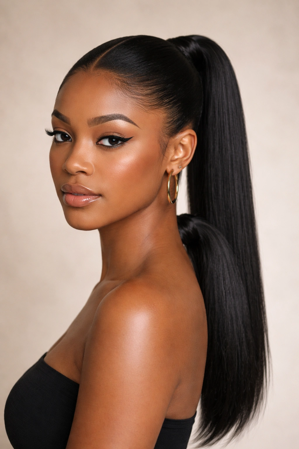 Model with two parallel sleek ponytails at crown and nape.