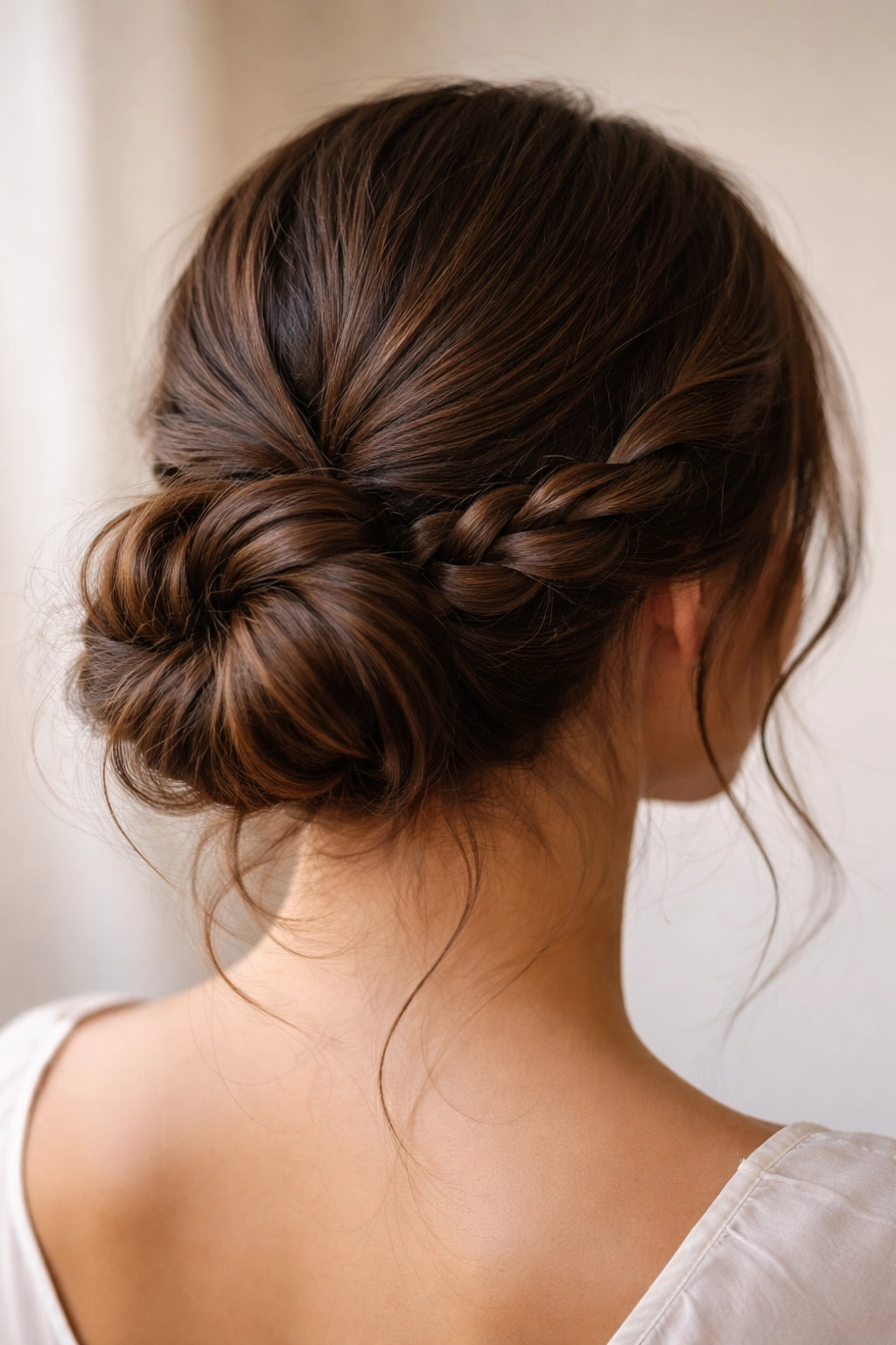 Close-up of a two-section low bun showing two textures