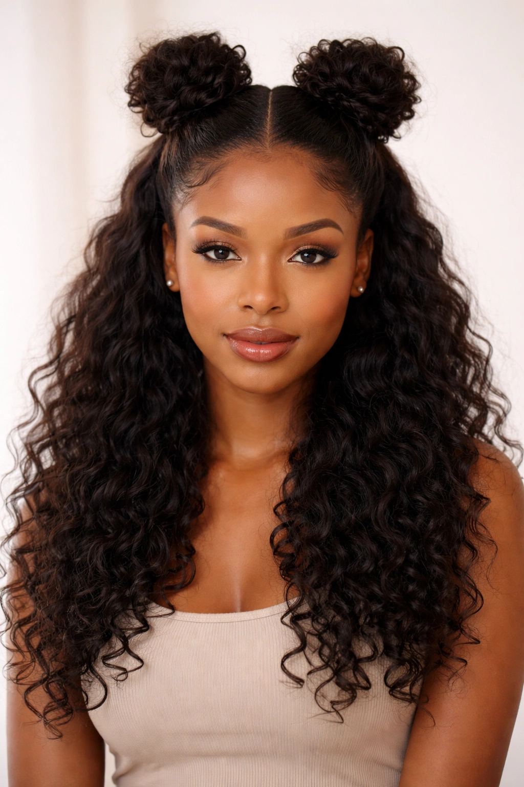 Two section topknot buns on crown with hair down
