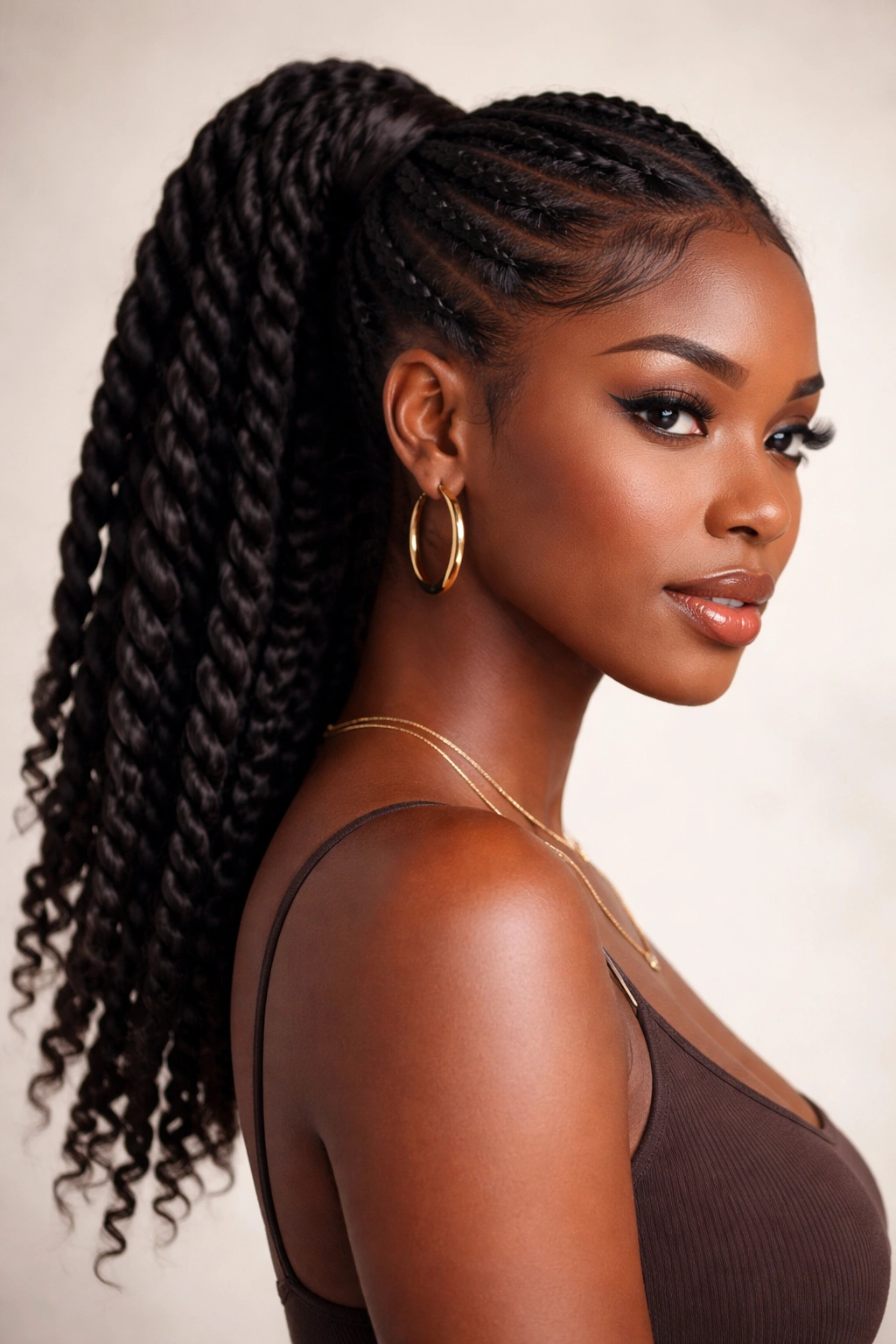 Close-up of a Black woman's ponytail with two-strand twists and textured spirals