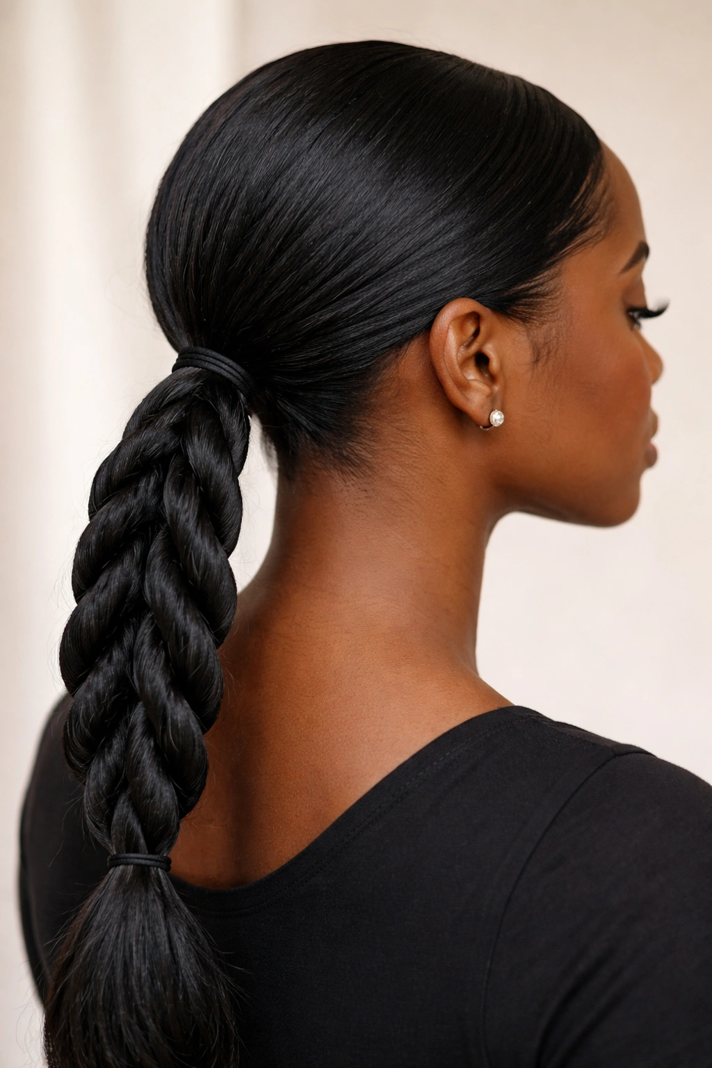 Close-up of a low ponytail with two-strand twists creating rope-like texture