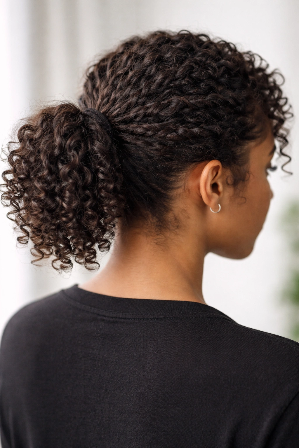 Two-strand twist ponytail with rope-like twists on short curly hair