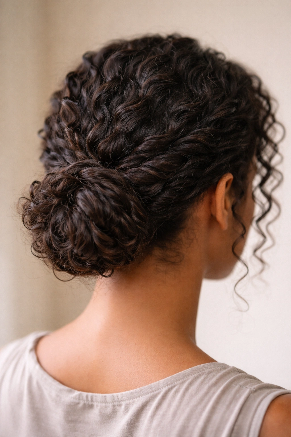 Two-strand twisted low bun showing two distinct twists and curls