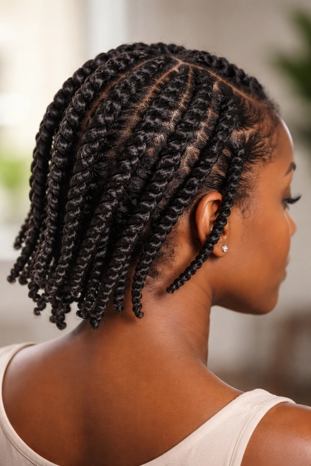 Close-up of neatly defined two-strand twists on 4C hair.