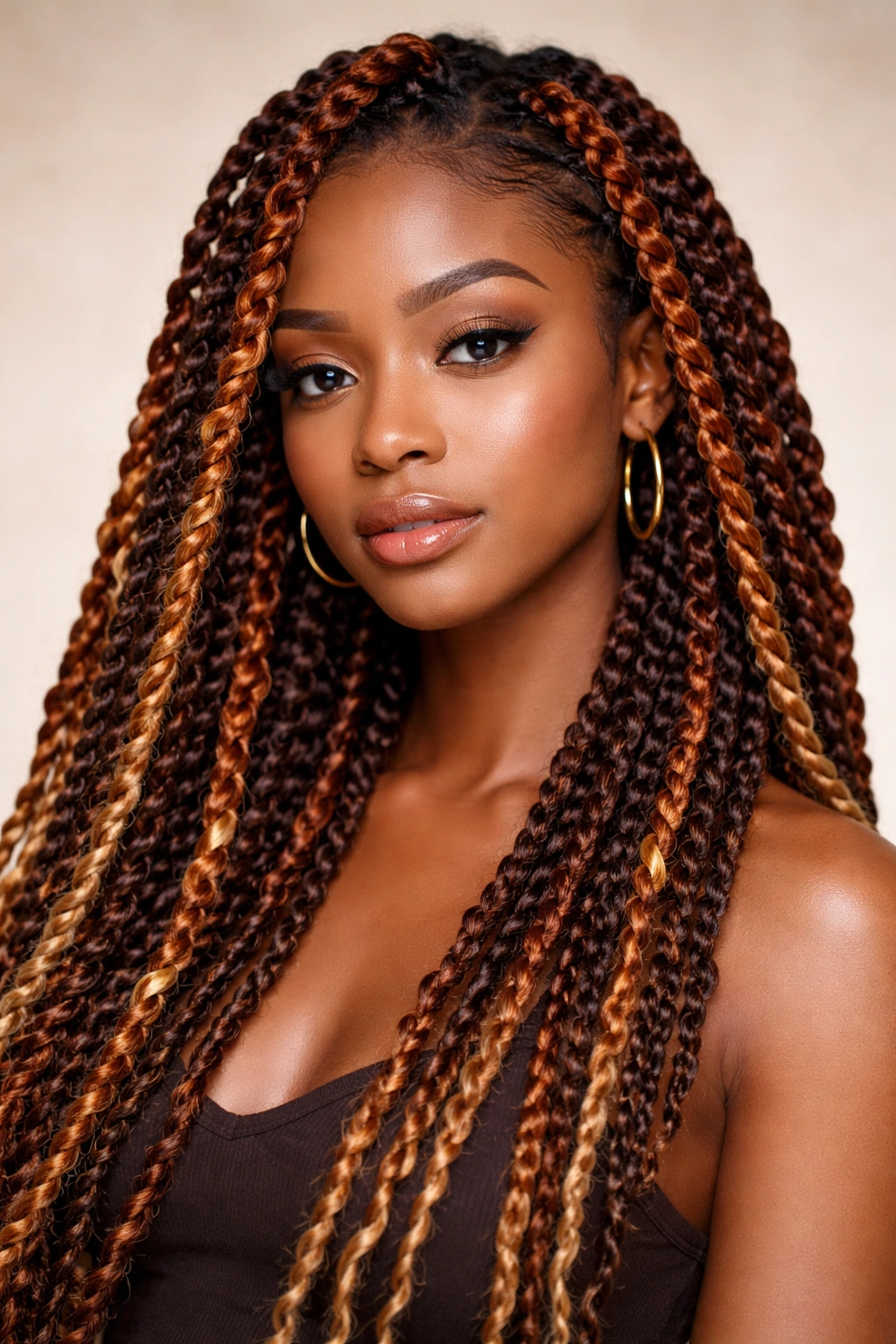 Close-up of copper and honey-blonde two-strand twists on textured hair