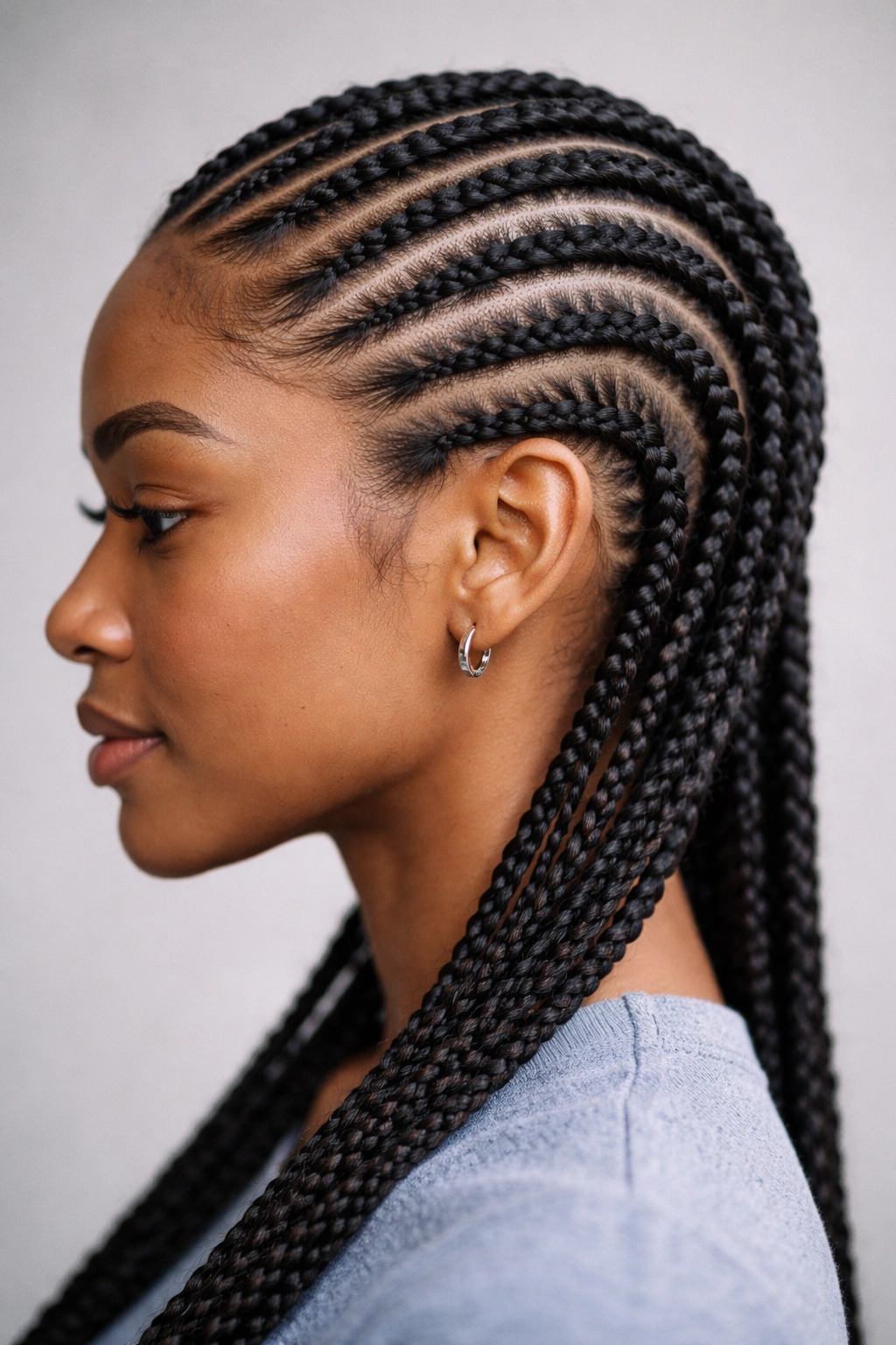 Close-up of two-strand twisted cornrows along the scalp