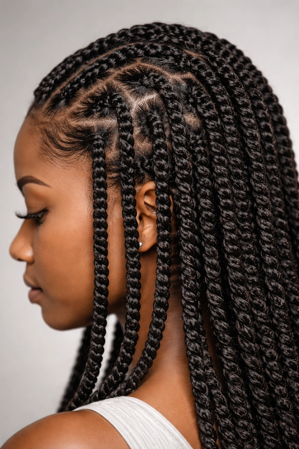 Close-up of crochet two-strand twists on natural afro hair with uniform texture and subtle shine