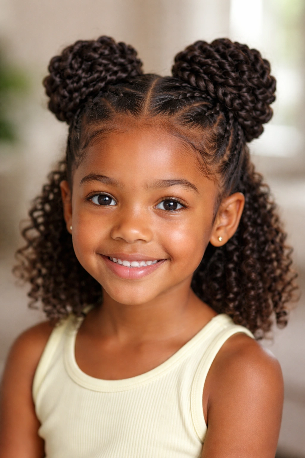 Close-up of a child with two-strand twist buns at the crown on curly hair
