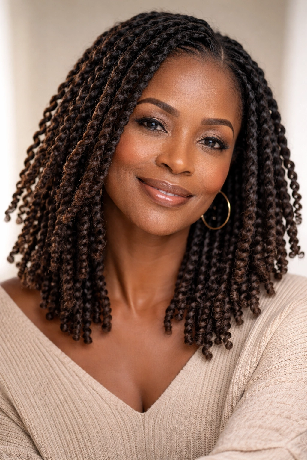 Close-up of two-strand twists with defined texture