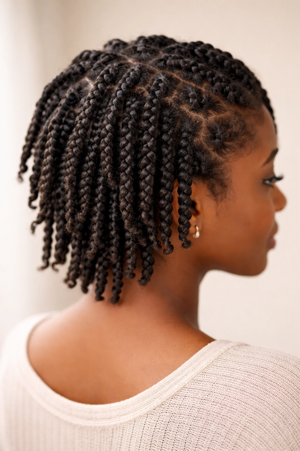 Close-up of defined two-strand twists on short to medium hair