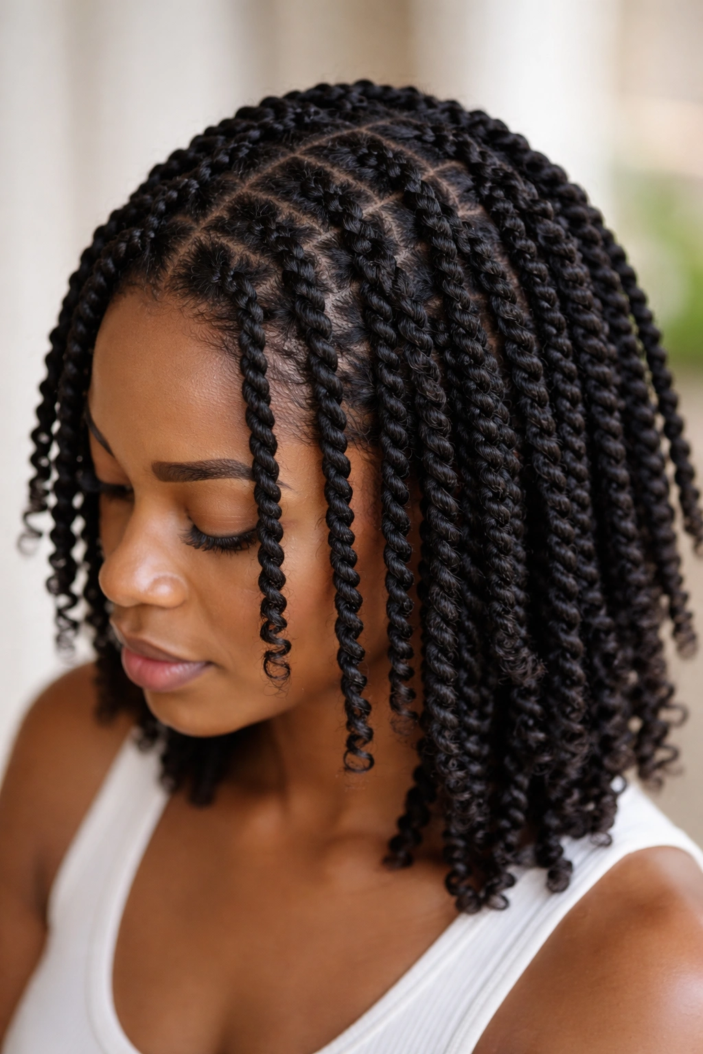 Head featuring two-strand twists with ropelike texture