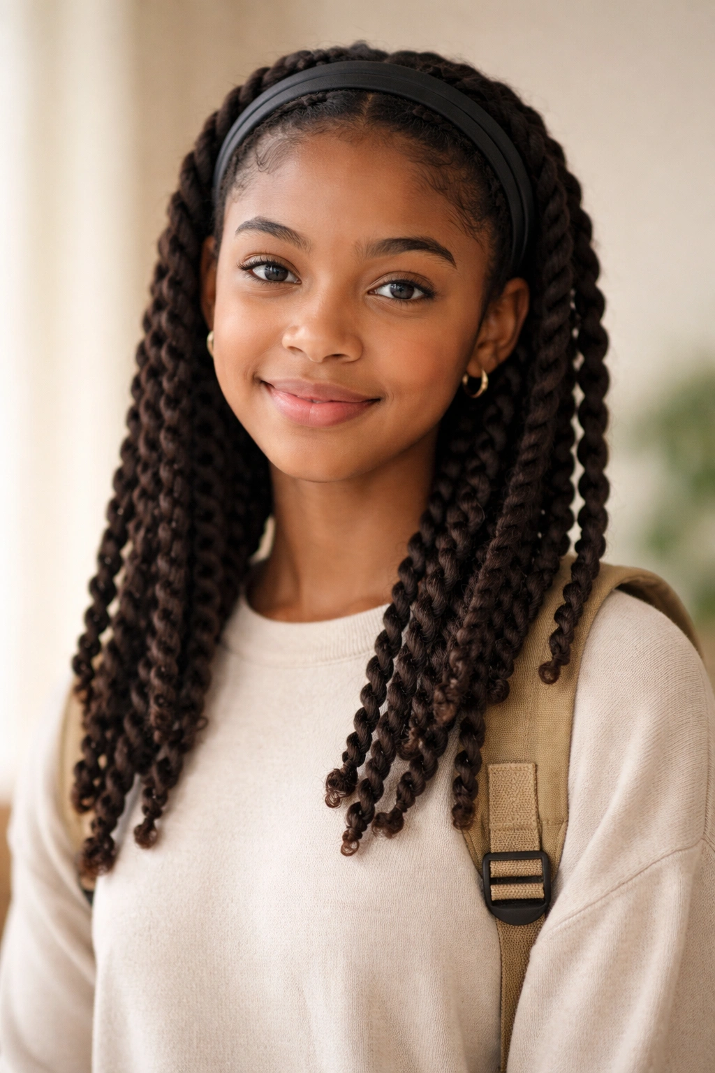 Two-strand twists with headband and curly texture