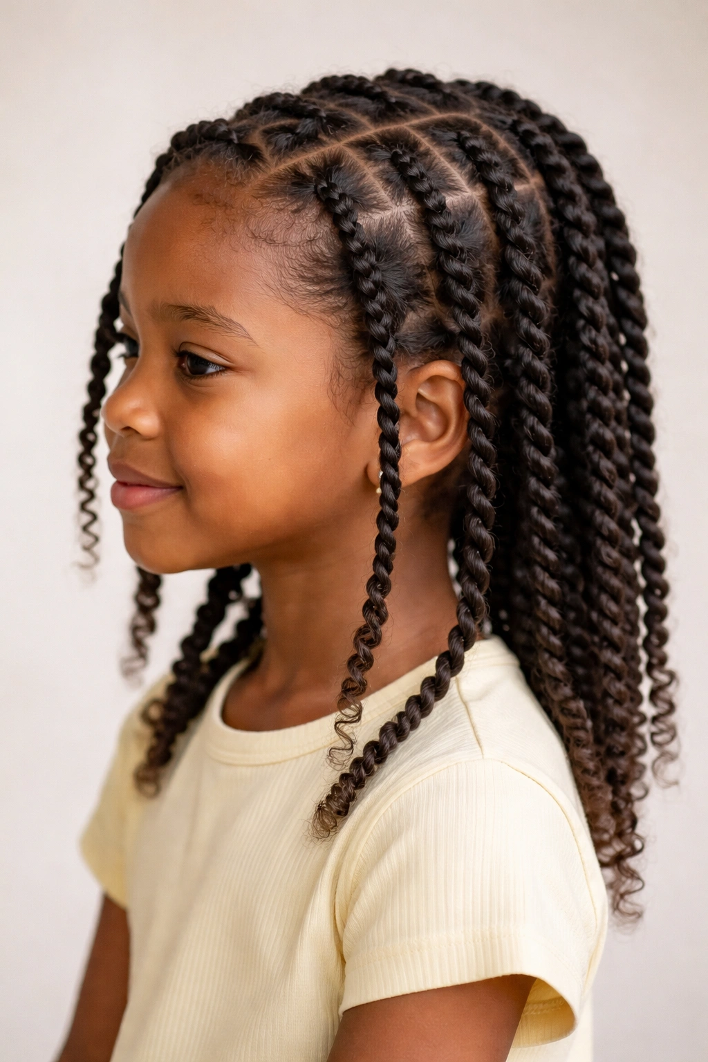 Child with two-strand twists all around head