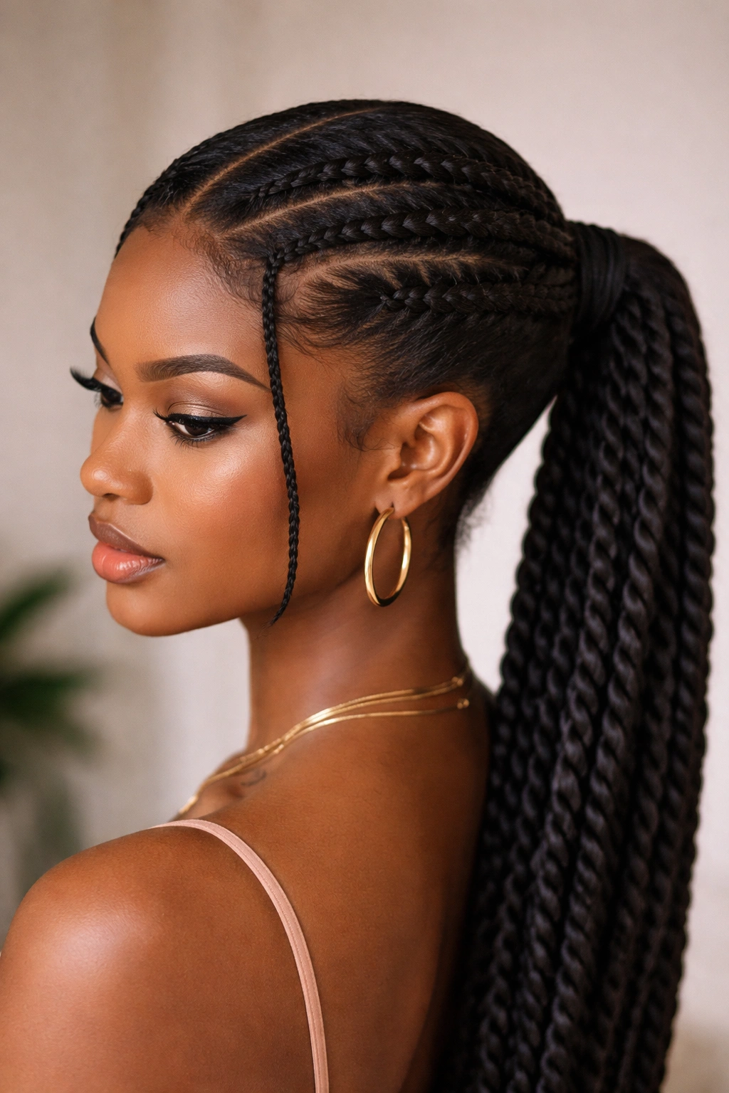 Two-strand twists on both sides of a middle part ponytail