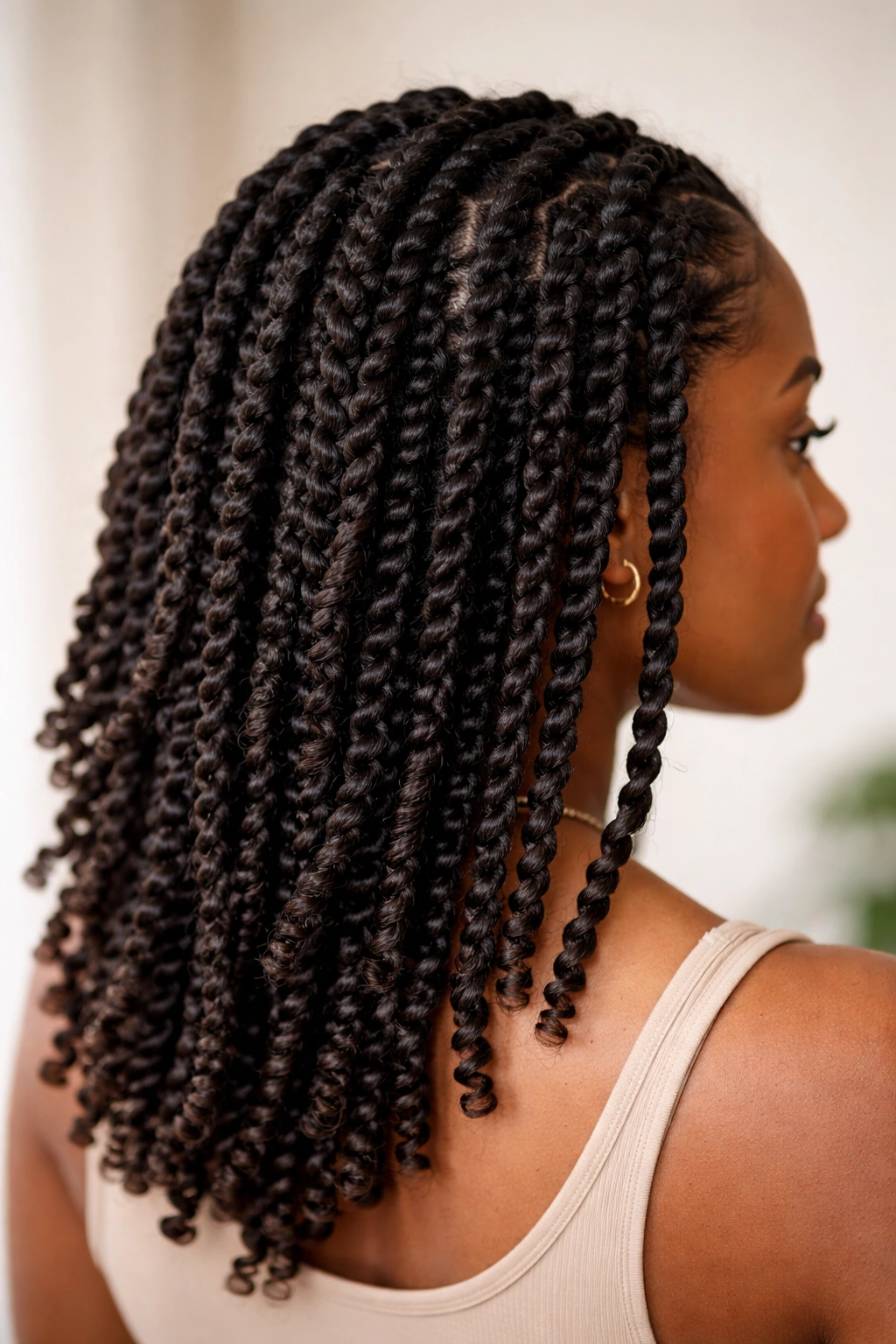 Close-up view of two-strand twists on natural hair showing texture and shine