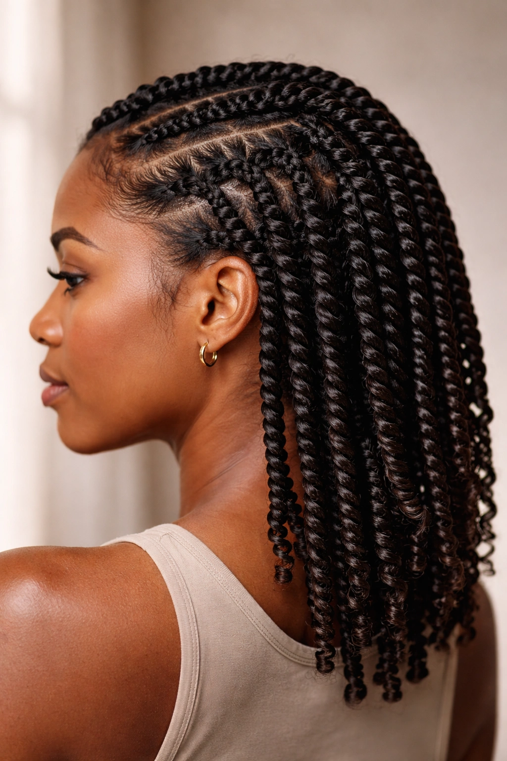 Close-up of two-strand twists close to the scalp with sleek, defined texture.