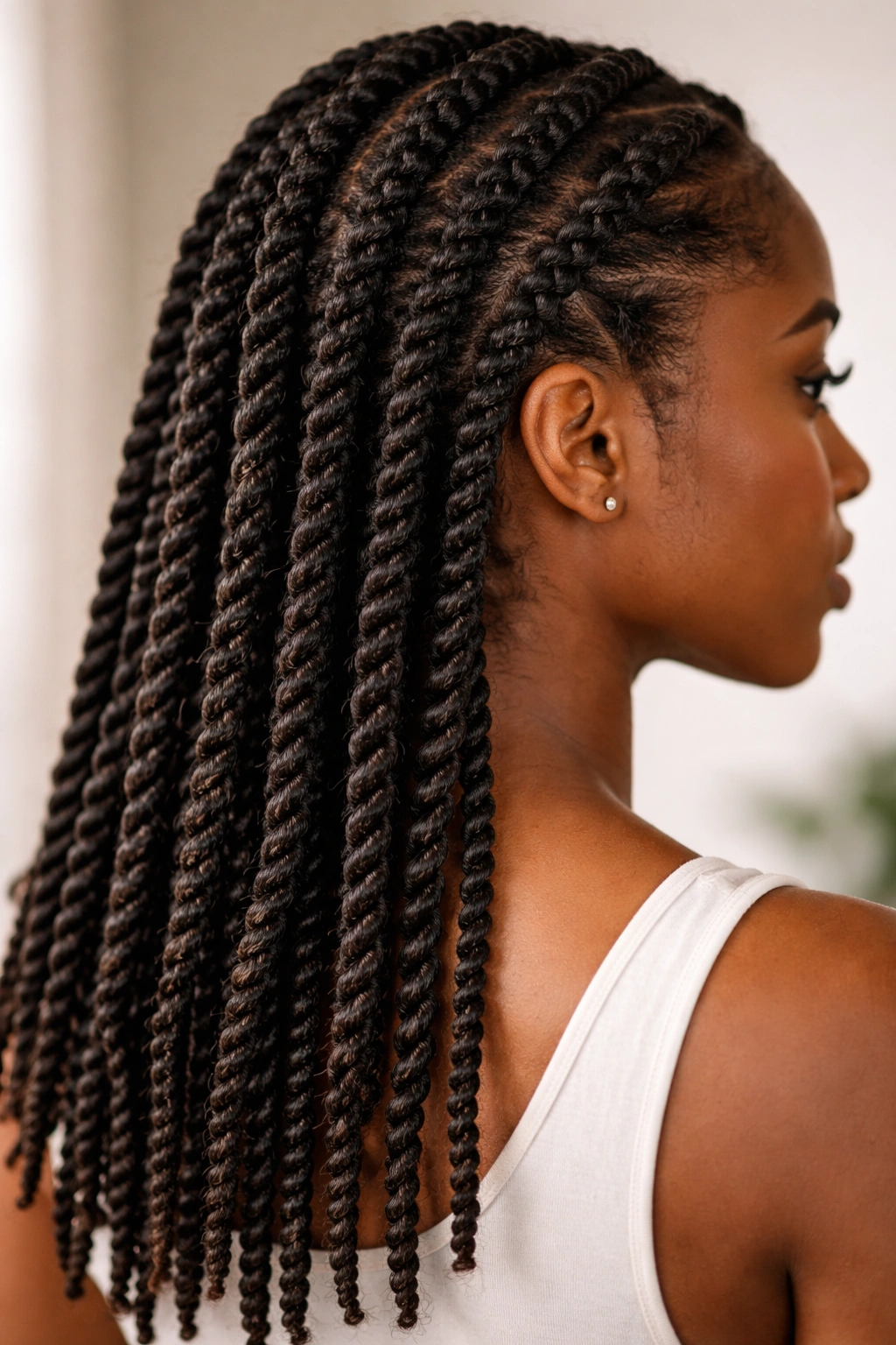 Close-up of rope-like two-strand twists on natural hair, highlighting texture