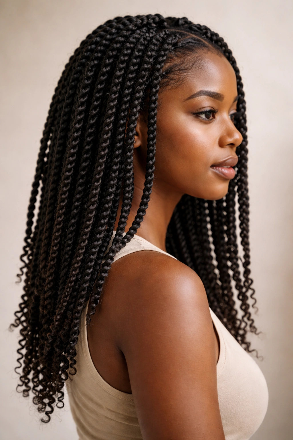 Close-up of two-strand twists showing neat, lightweight protective styling