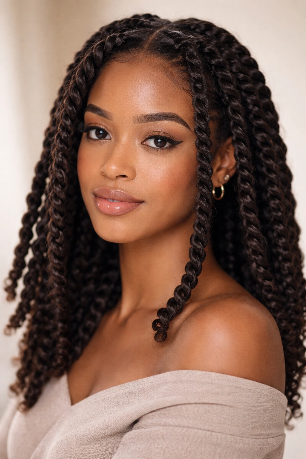 Close-up of thick two-strand twists on a curly hairstyle.