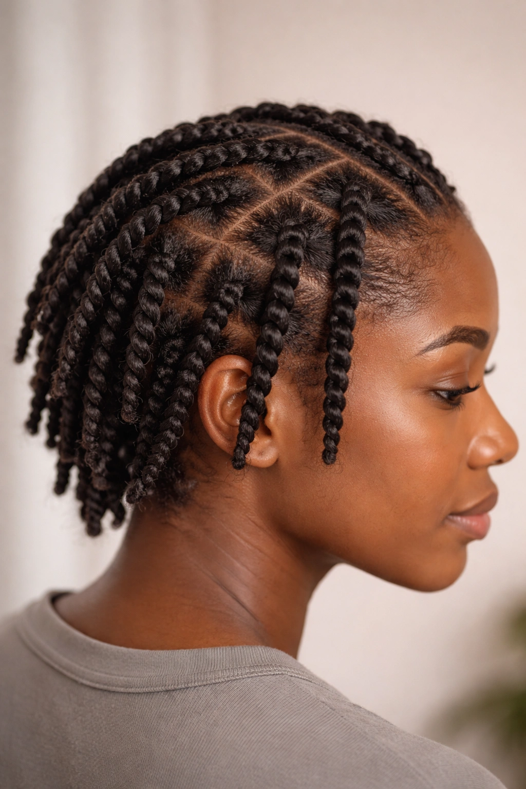 Close-up of two-strand twists on short afro hair with grid-parted sections