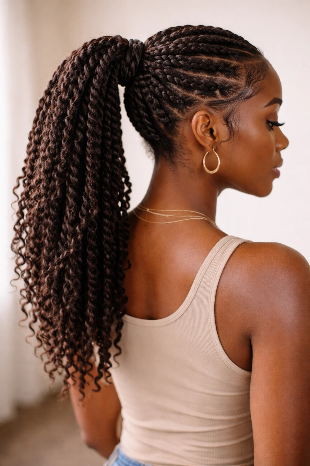 Twist ponytail with varied thickness and texture