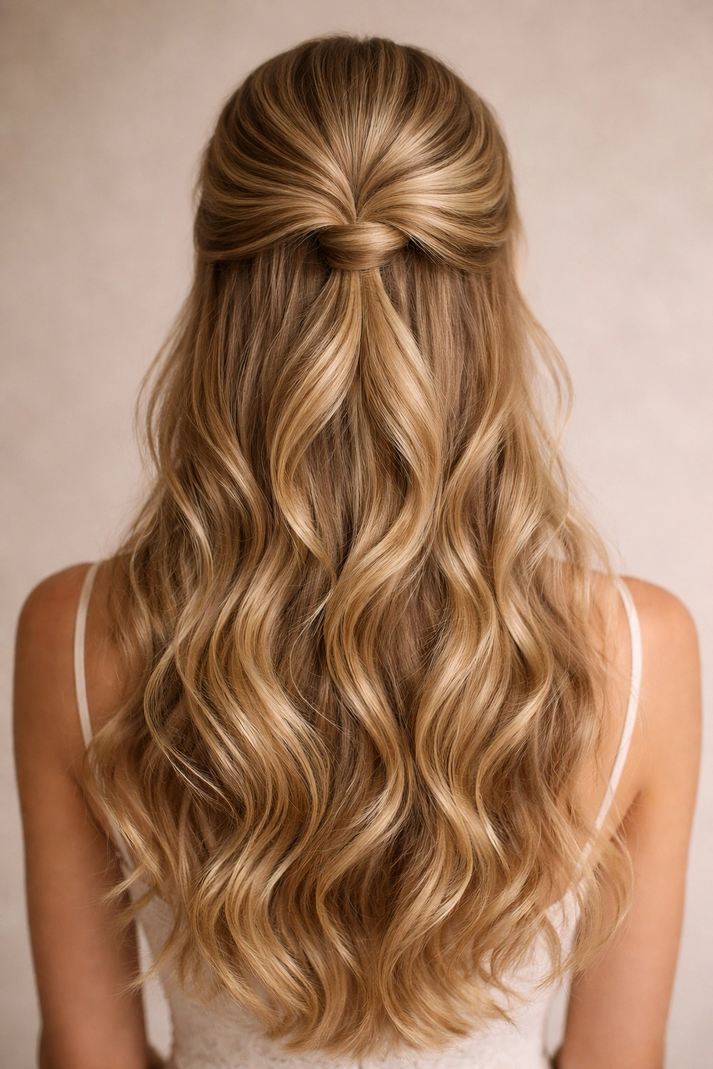 Back view of long hair with two-tier half-up and flowing waves for a bridal look.