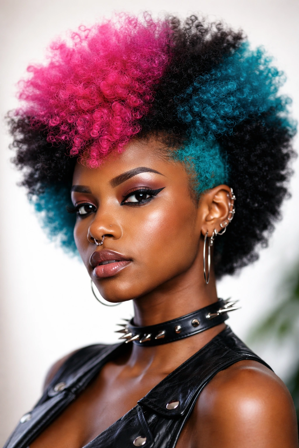 Headshot of a two-tone afro with bold color blocks
