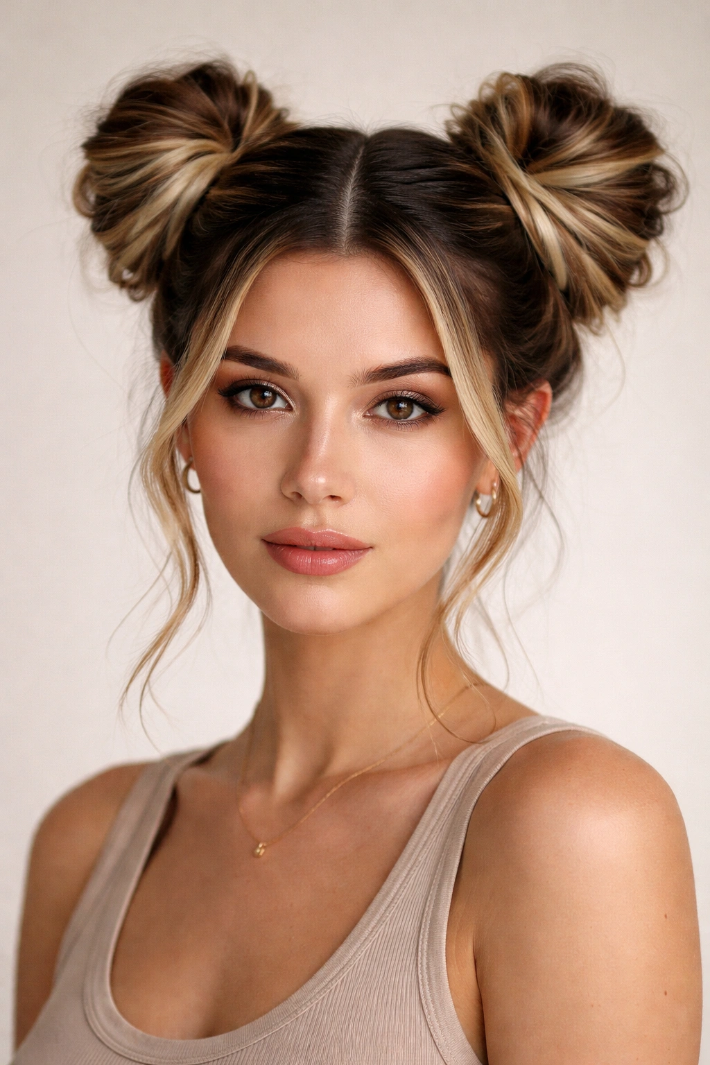 Symmetrical two-tone split buns along a clear middle part