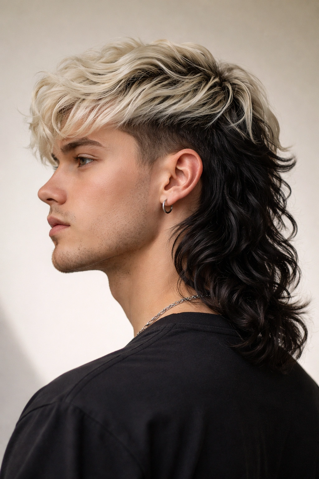 Mullet with two-tone color split, top light and back dark, wavy texture