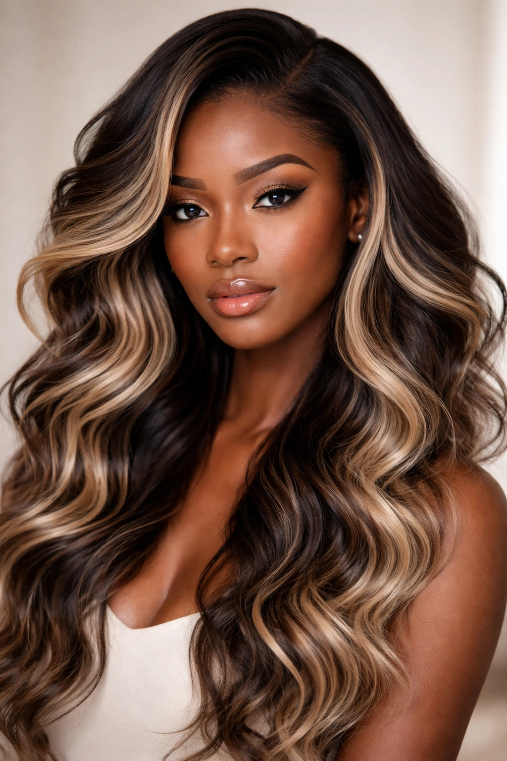 Two-tone wavy style with dark roots and lighter lengths showing color contrast