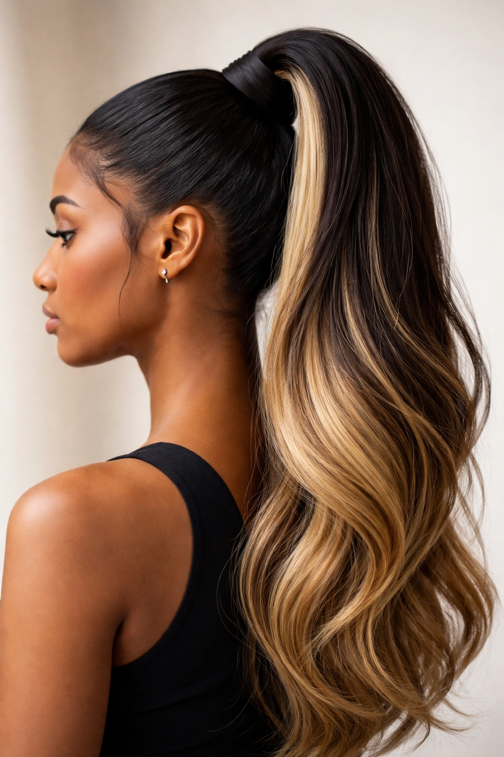 Two-tone weave ponytail with contrasting colors along length