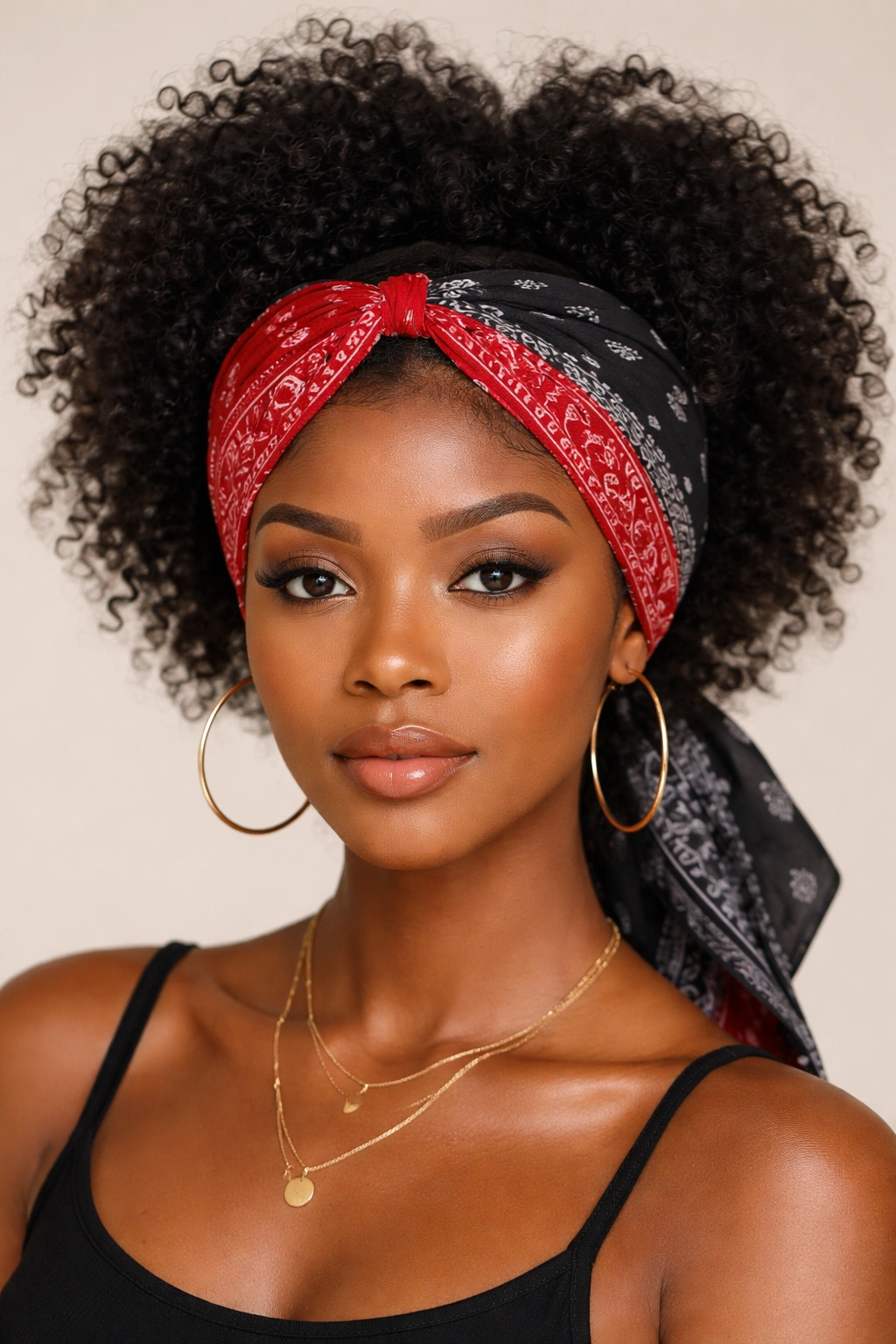 Portrait of a person wearing a two-toned front wrap with back wrap and front bandana
