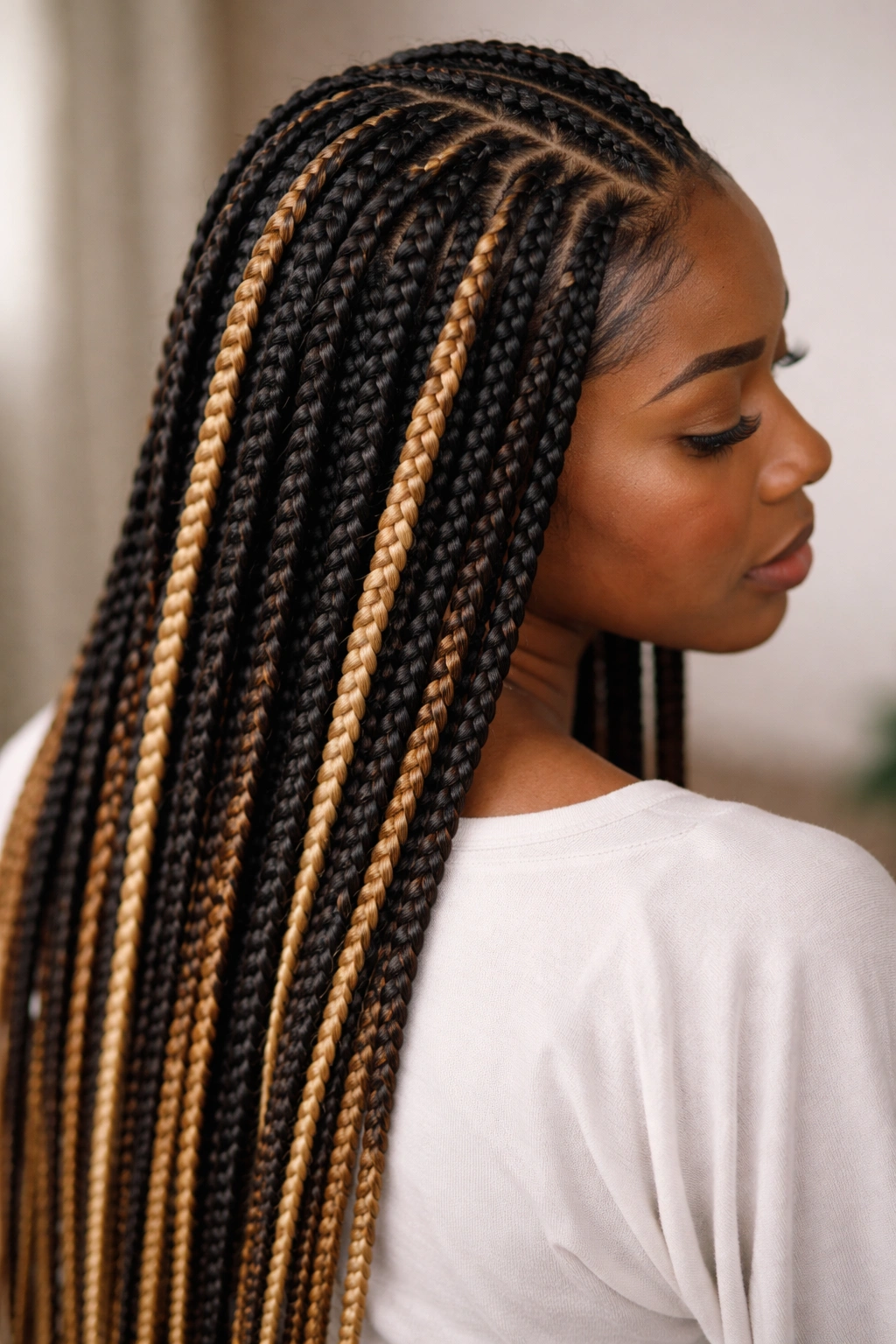 Two-toned box braids with colored strands throughout