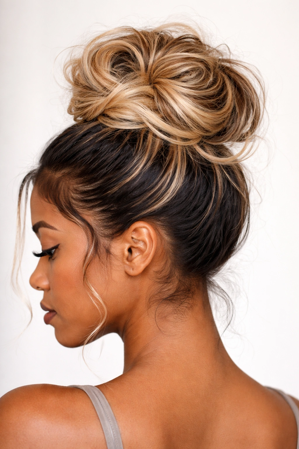 Close-up of a two-toned bun with lighter body and darker roots and defined edges