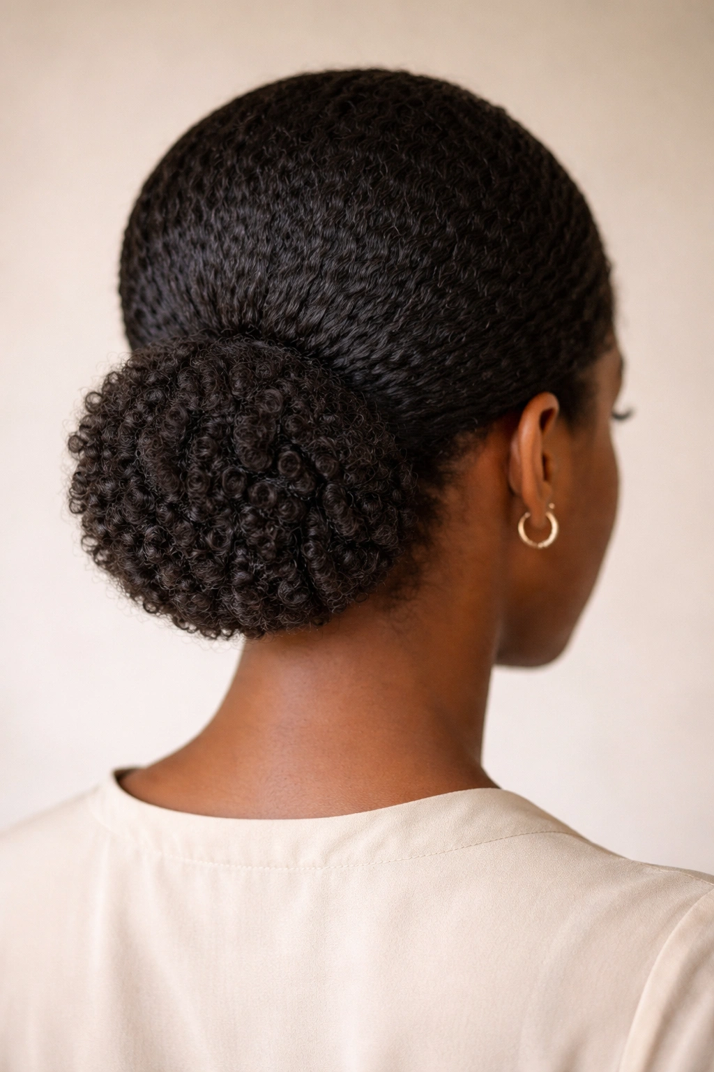 Back view of a textured underbun with a low nape bun and visible coils
