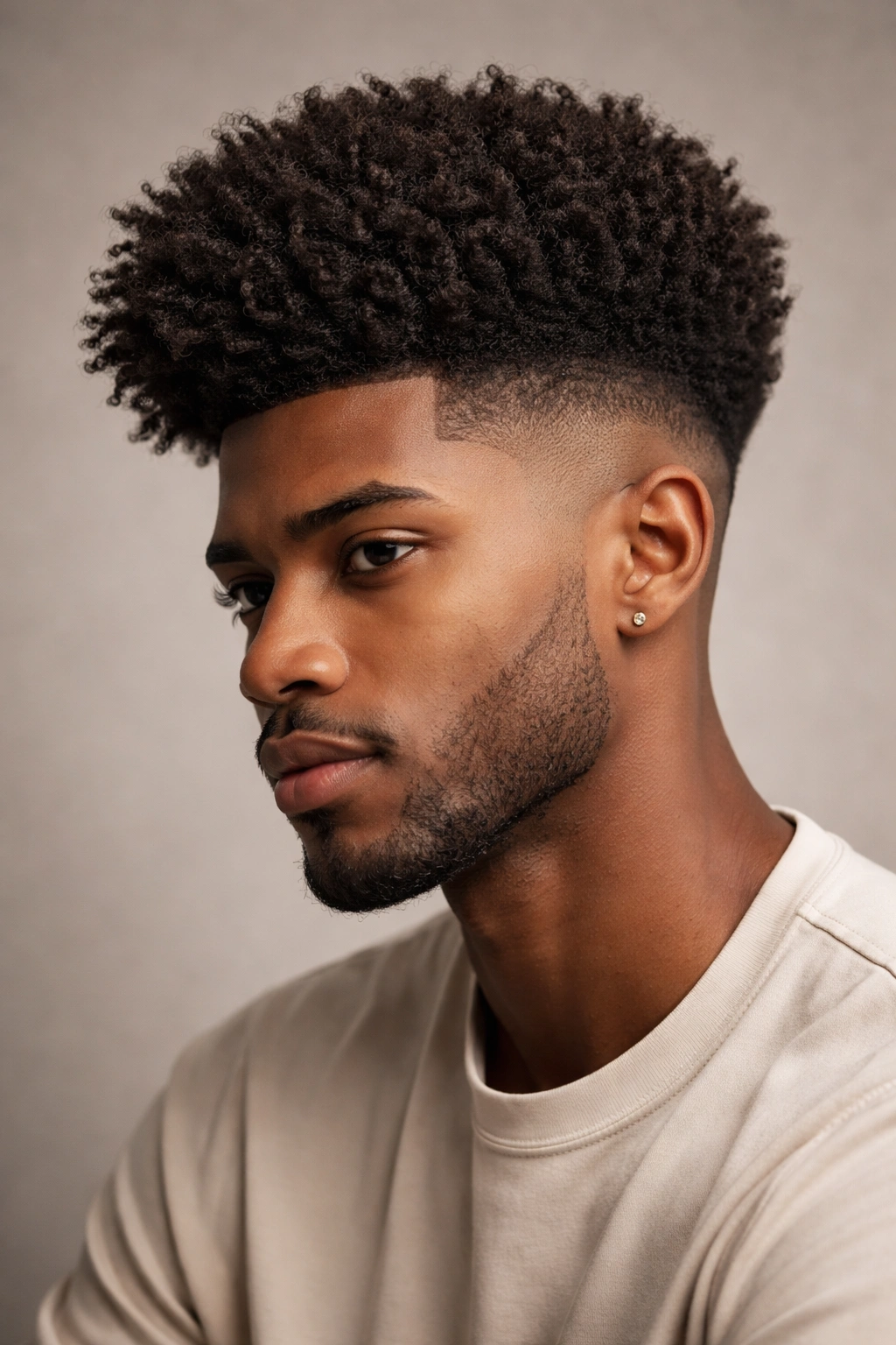 Portrait of a person with an undercut afro, clear disconnect between top and sides.