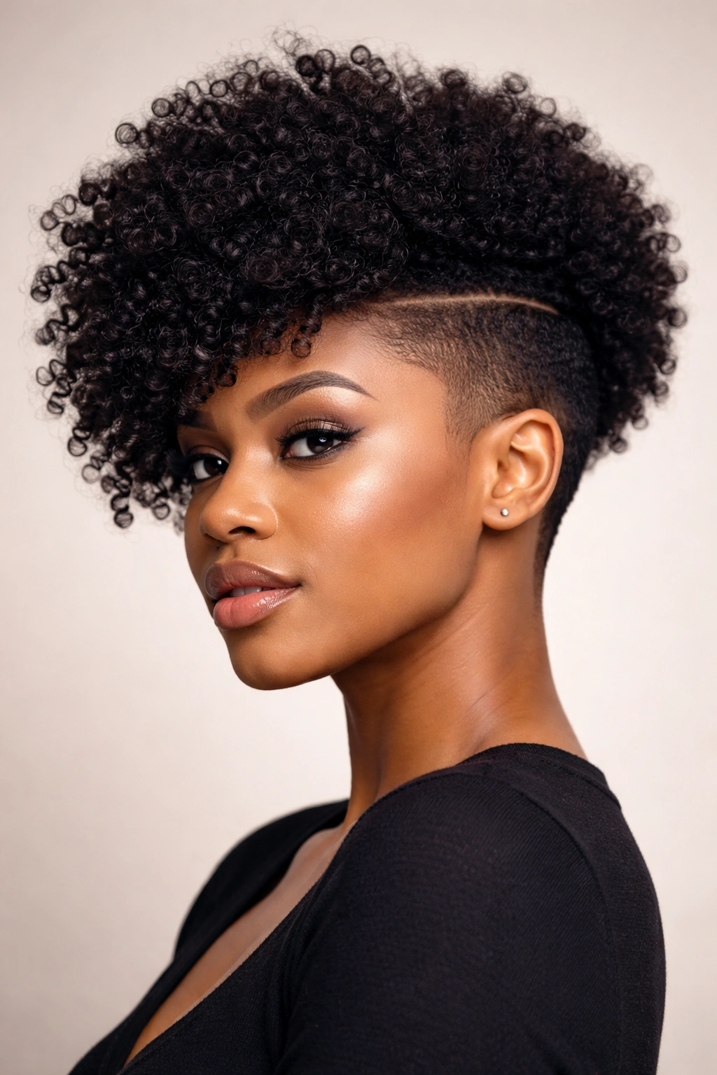 Close-up portrait of a person with an undercut Afro Bob showing a high-volume top and tapered sides.