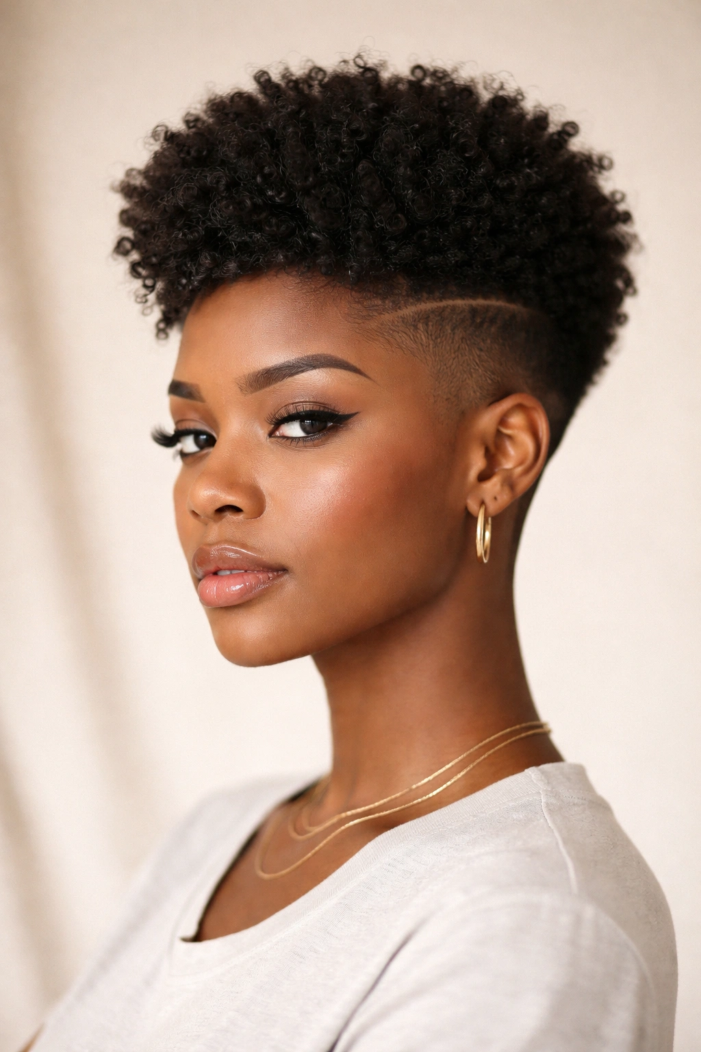 Portrait of a person with an undercut afro, high contrast between top and sides.