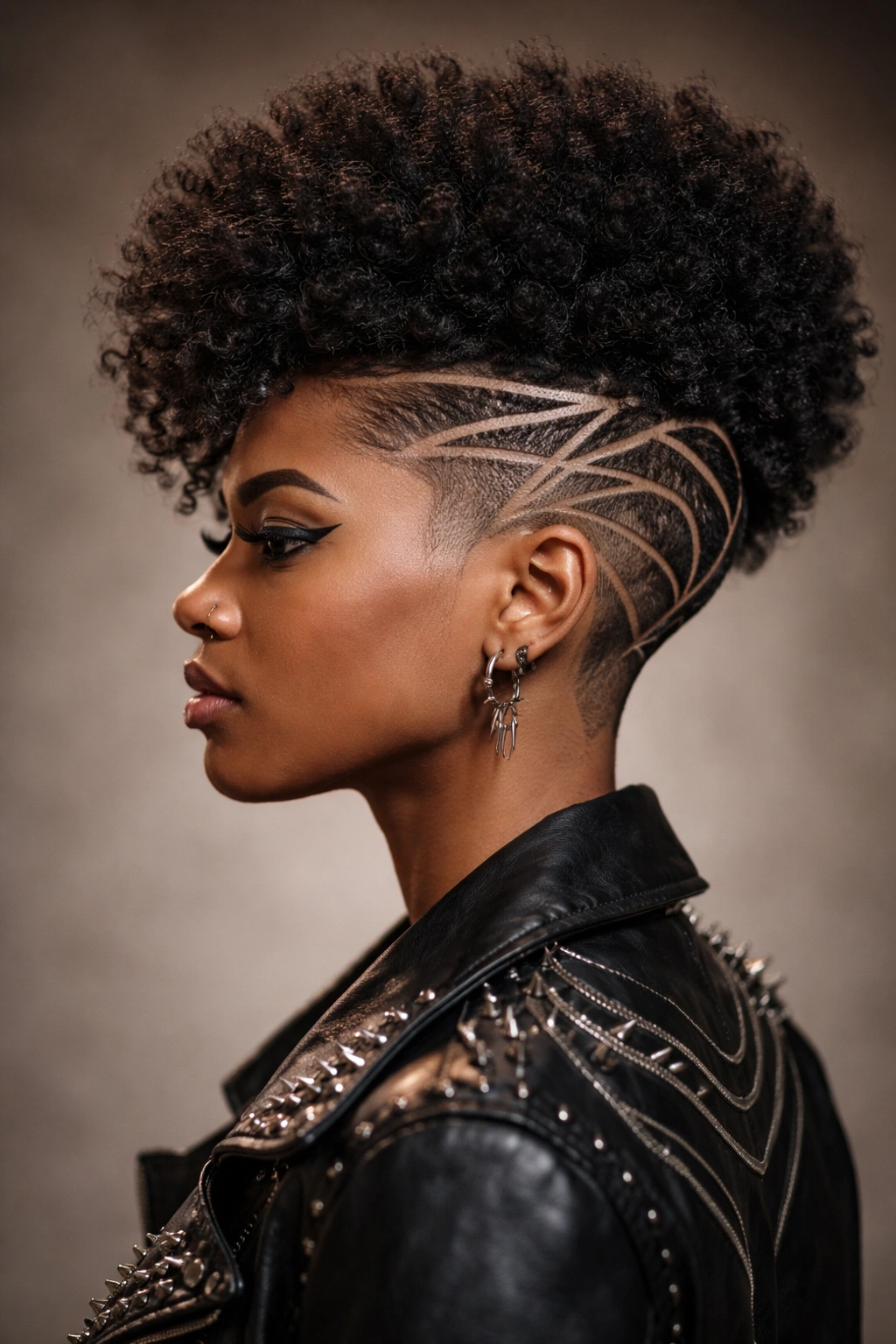 Undercut afro with line art details on shaved sides