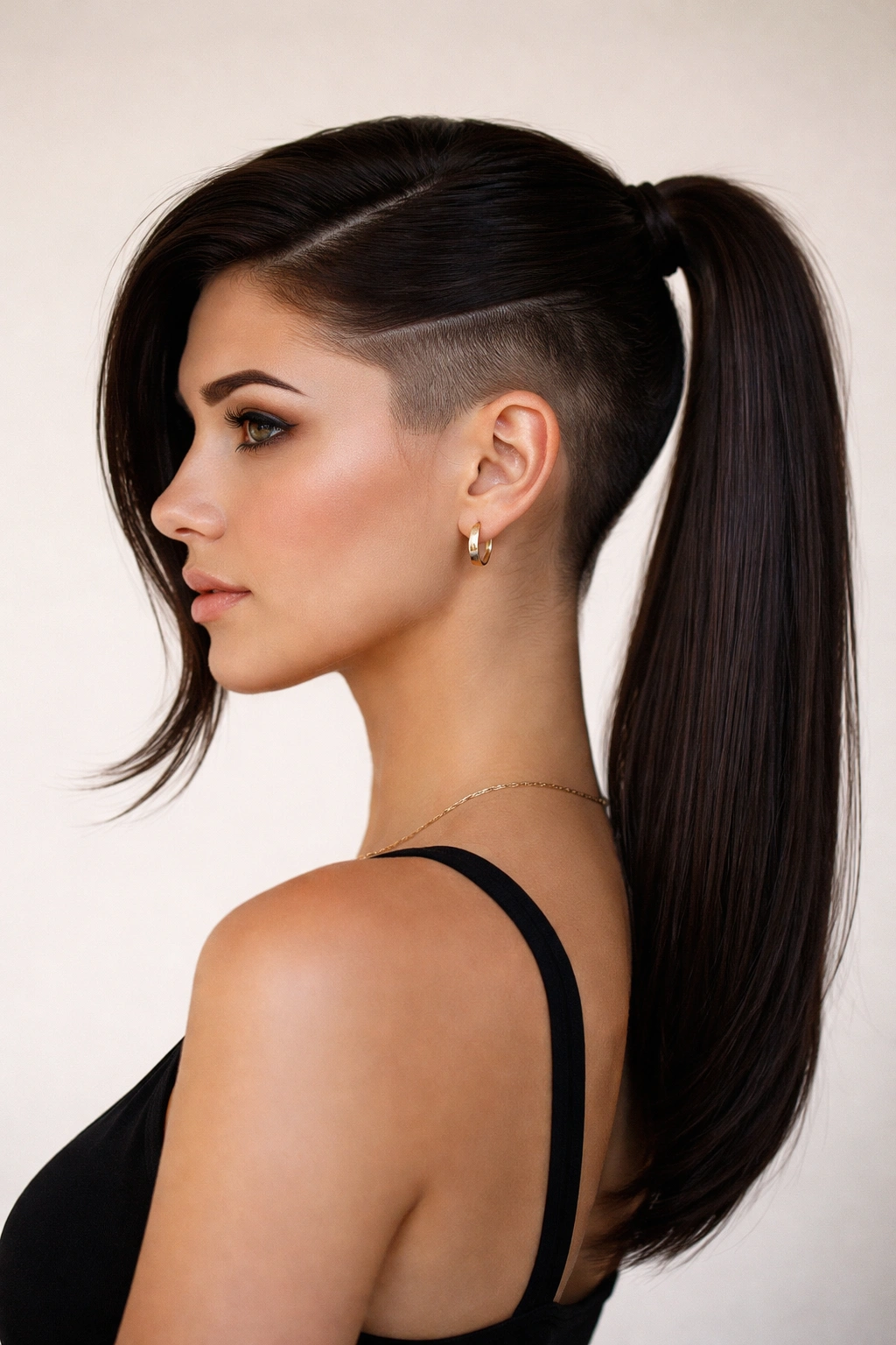 Profile view of an asymmetrical side ponytail with undercut detail