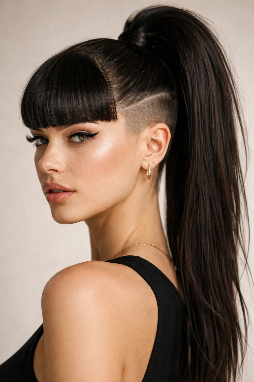 High ponytail with blunt bangs and visible undercut