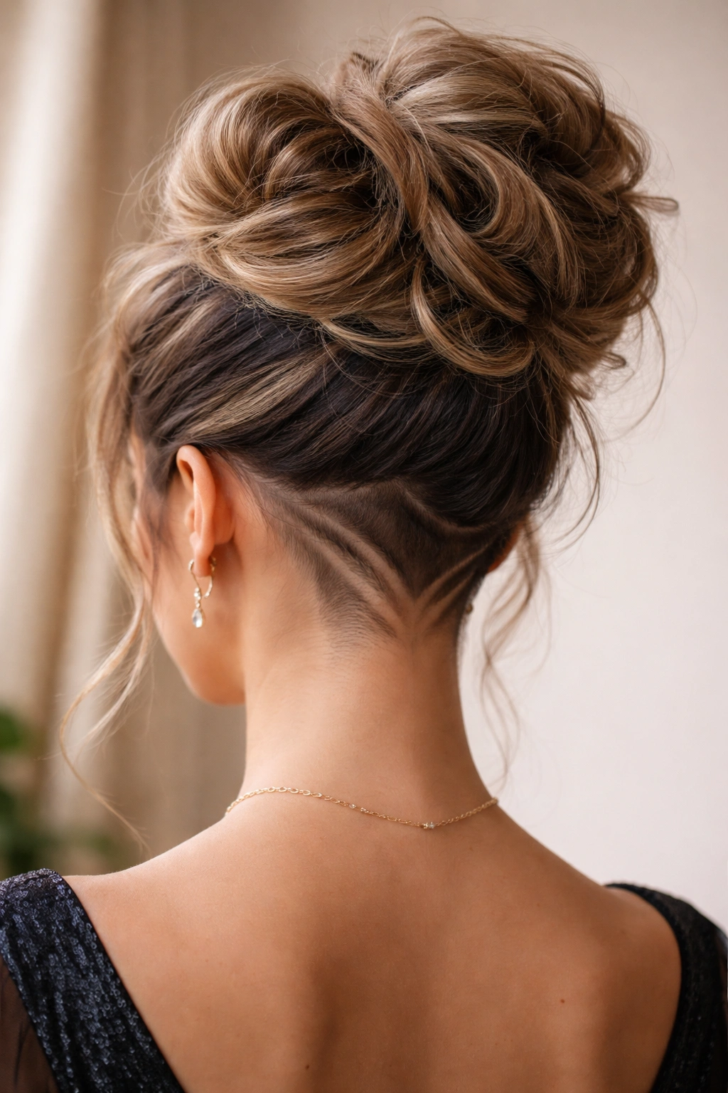 Back view of textured undercut bun showing a subtle shaved design at the nape