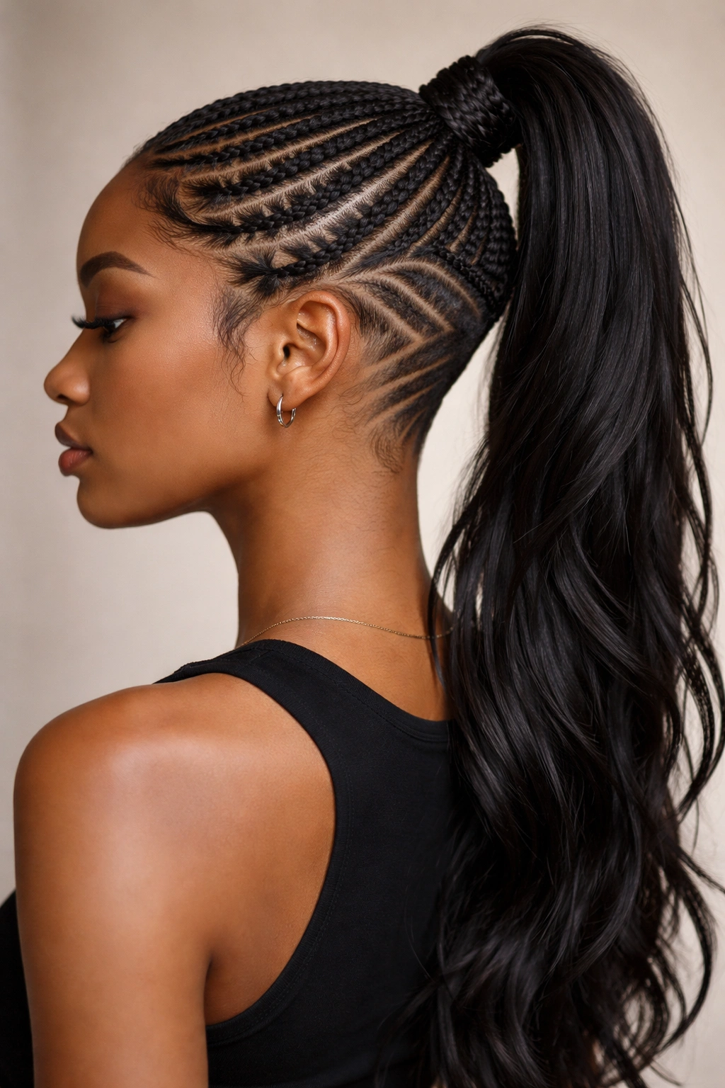 Cornrows around an undercut design leading to a side-high ponytail